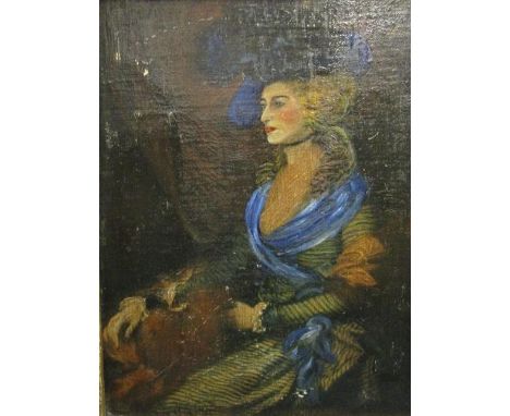 An early 20th century portrait of a seated lady wearing a blue hat, signed indistinctly, 12" x 19 1/2", gilt frame 