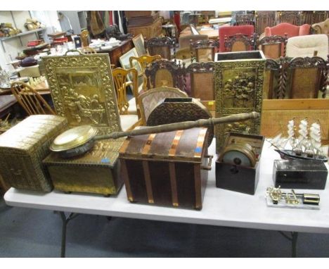 Mixed metalware to include a fire screen, boxes with brass and copper fittings, a model seat, a pigeon racing clock and other