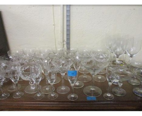 Mixed Champagne saucers, MCG cocktail glasses, Babycham saucers and other glassware 