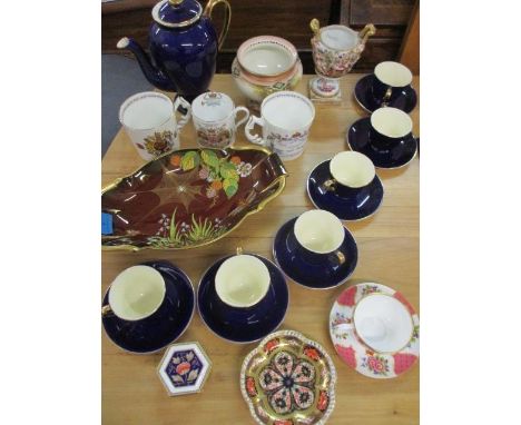 A Hadley Worcester vase, a Royal Crown Derby dish, a Carlton ware spiders web dish and other ceramics 