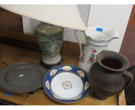 A mixed lot to include an Oriental table lamp, two Middle Eastern silver plated chargers and other items 