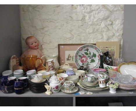 Vintage to modern day ceramics and glass to include Continental bowls, together with a vintage doll and prints 