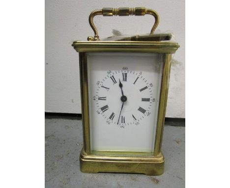 A French brass five window carriage clock, with key, 5"h, including handle 