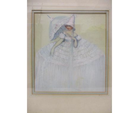 Late 19th century French School - a full length portrait of a girl wearing a bonnet and a large puffed evening dress, holding