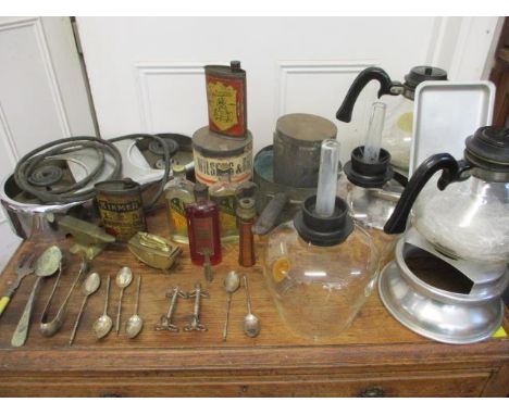 Vintage tins of burning oil to include Kirmer, vintage coffee percolator, a lighter, metalware to include knife stands and mi