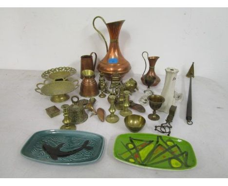 Mixed lot to include miscellaneous brass and copper ware, two Poole pottery pin dishes and a pair of cut glass knife rests 