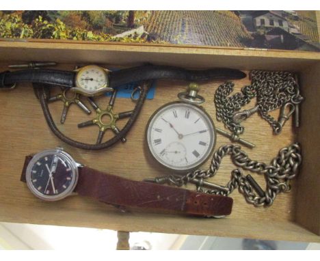 A group of watches and accessories to include a gents' Timex wristwatch, silver plated case pocket watch, silver watch chains