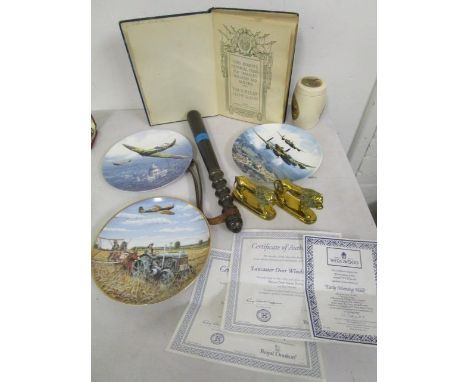 A mixed lot to include a turned wooden truncheon, three Royal Doulton and Wedgwood collectors plates depicting WWII planes, L