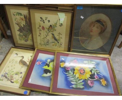 Mixed pictures to include a watercolour oval portrait depicting a lady, an oil portrait of a boy walking in the snow, Peter S