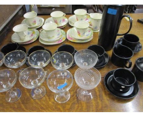 A Wedgwood coffee set A/F, mixed glassware to include Babycham saucers and a Burslem Moorland part tea service in an Art Deco