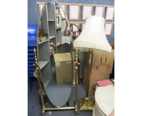 A large modern brass cheval mirror, together with a brass standard lamp and a trouser press 