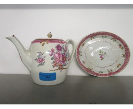 A late 18th/early 19th century Newhall type English porcelain teapot and a Newhall porcelain oval teapot stand, pattern numbe