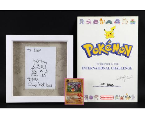 Pokemon TCG. Hand drawn picture of Togepi by Choji Yoshikawa, International Challenge certificate and Aerodactyl card also si