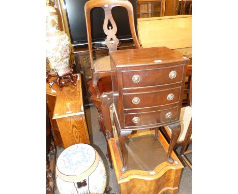 Mahogany three drawer pedestal chest, Victorian box stool, nursing chair, occasional table and oak framed wall mirror (5)