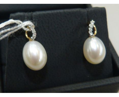 Pair of freshwater pearl and diamond earrings, stamped 375