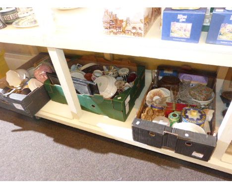 Three boxes of china and glassware, kitchen scales, tins, etc
