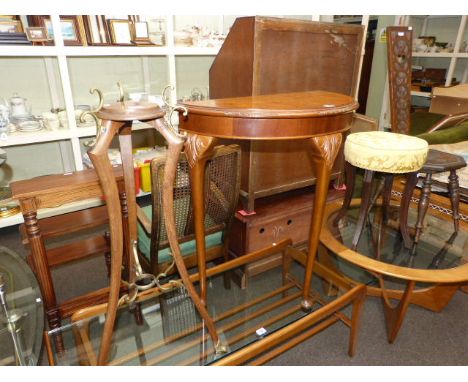 Mahogany plant stand, walnut demi lune hall table, stool and sewing chair (4)