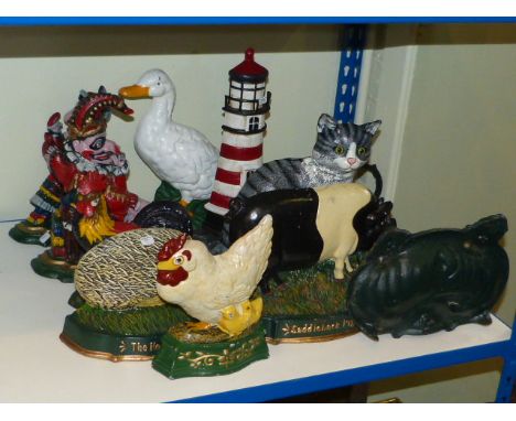 Cast metal stick stand, Punch and Judy and other novelty doorstops