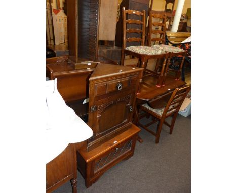 Oak drop leaf dining table and four ladder back chairs, oak bureau cabinet, corner cabinet, entertainment unit and CD tower (