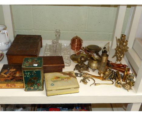 Copper and brassware, tin and wood boxes and part trinket set