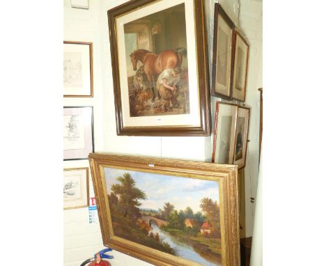 English School (19th Century), River Landscape, oil on canvas, framed; and a print of a blacksmith (2)