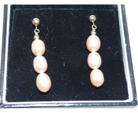 Pair of three drop cultured pearl earrings, stamped 375/9k