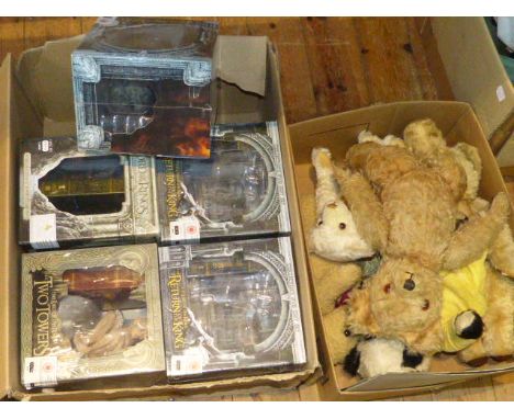 Box of teddies (including Steiff and Pedigree) and five Lord of the Rings disc sets