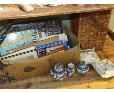 Wicker hamper basket, pair Shelley 'Crabtree' tureens, two ginger jars and vase, and a box of various pictures