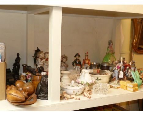 Various figures including three Hummel, Wedgwood Wild Strawberry china, tankards, vintage razors, etc
