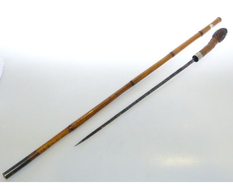 Antique bamboo sword stick, stamped Patent, 84.5cm