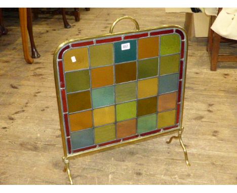 Edwardian satin brass and coloured leaded glass firescreen