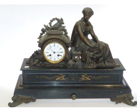 Victorian marble mantel clock mounted with spelter figure