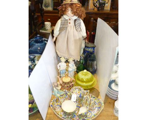 Wade Chintz cabaret set, vaseline glass butter dish, Royal Worcester August figure, pair bisque figures, Royal Albert basin, 