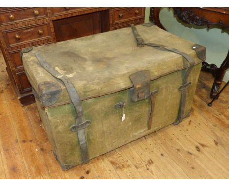 Large vintage canvas and leather bound travelling trunk