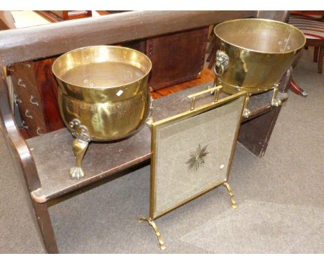 Two brass log buckets, each raised on claw feet and brass and mirrored fire screen