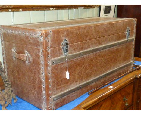 As new leather and wood bound cabin trunk