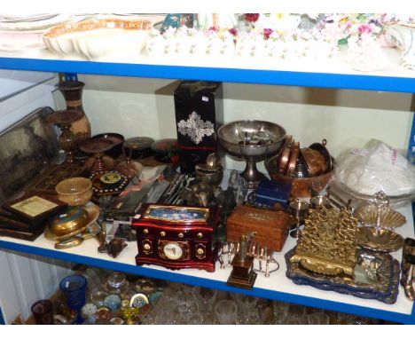 Brass letter rack, metalwares, wood boxes, cutlery, pair of easel mirrors, etc