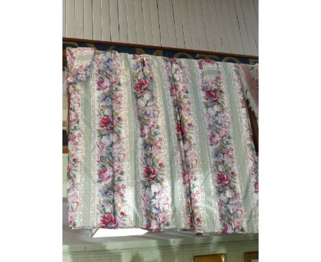 Pair floral pattern curtains, pelmets and tie backs, 250cm drop