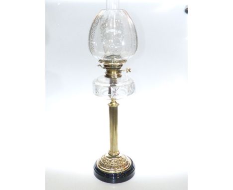 Victorian brass column oil lamp with star cut frosted panel reservoir and etched shade
