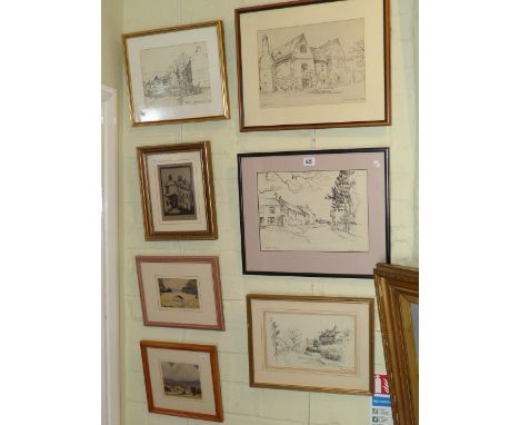 George Jackson, four sketches, two small watercolours and a print (7)