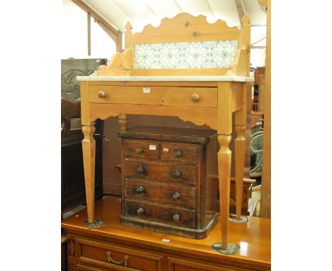 A late Victorian pine white marble topped and tile inset single drawer washstand, w.76.5cm; together with a mahogany open she