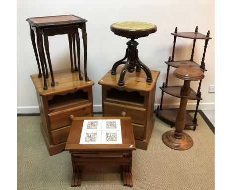 An early 20th Century stained bentwood string seat adjustable circular stool, 38 cm diameter, a pair of modern pine bedside c