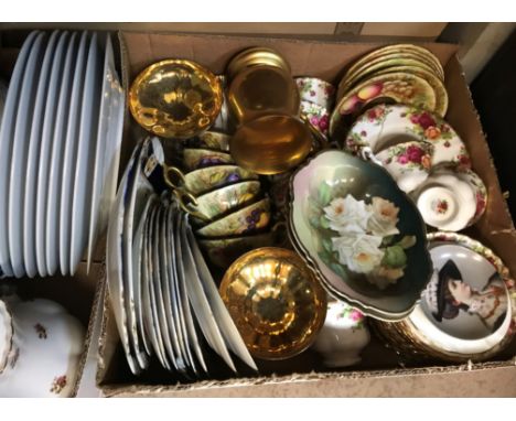 A box containing a collection of Royal Albert "Old Country Roses" cups, saucers and tea plates, a set of five fruit decorated