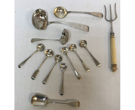 A silver pronged ivory handled bread fork (by John Round &amp; Son Ltd, Sheffield 1898), together with a Georgian silver sauc