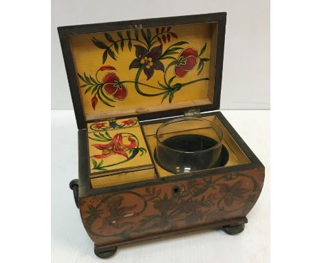 A 19th Century painted satinwood single section tea caddy of bombé form, the top opening to reveal a single canister and asso