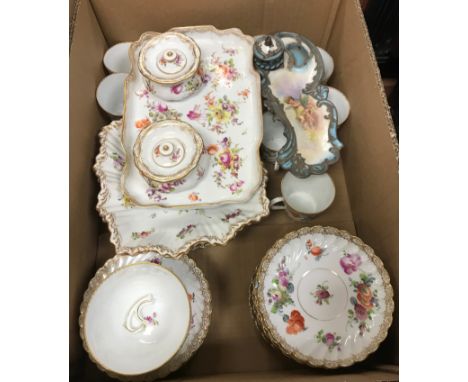 A box of various Dresden floral decorated china with gilt banding including two shaped square fan dishes, two plates, ten cof