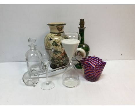 A collection of glassware to include a green Bohemian glass vase converted to a table lamp set with gilt decoration and ename