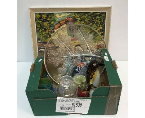 A box containing various glass and china wares to include cut glass decanter and bowl with thistle style decoration, a Whitef