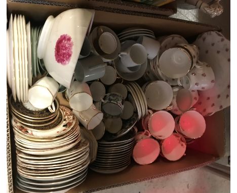 Two boxes of assorted decorative china wares to include Aynsley rose decorated tea set, various other coffee and tea wares, a