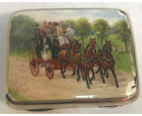 A Victorian silver snuff box with enamel decoration to the lid depicting a heavily laden coach drawn by four horses (by John 